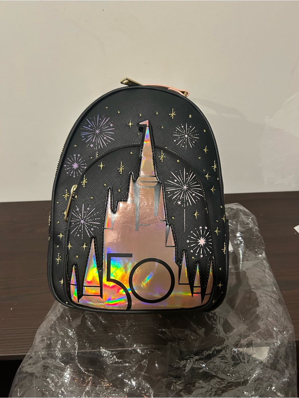 Disney Parks 50th Loungefly Black Mini Backpack with Holographic Castle Accent